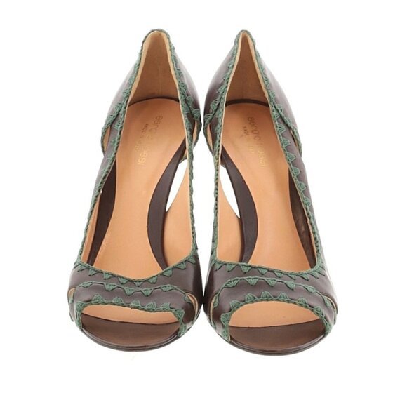 Sergio Rossi Heels Pumps 11 Leather Peep Toe Embroidered Cut Out Brown Turquoise - Picture 3 of 7